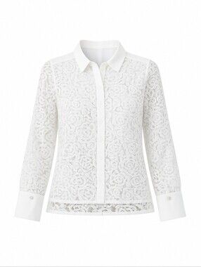 Ellen Tracy White Floral Lace Button-Front Blouse, Romantic Feminine Chic SZ XL